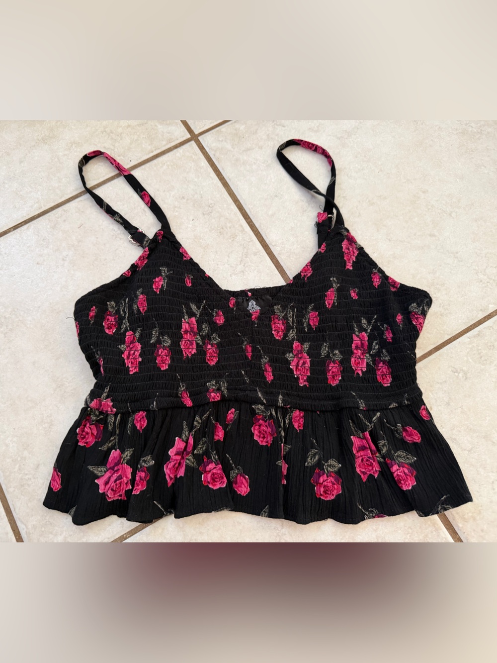 Angie Black Pink Floral Smocked Crop Top